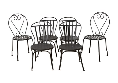 Assembled Group of Six French Iron Garden Chairs, 20th c., Tallest- H.- 35 1/2 in., W.- 16 1/2 in.,