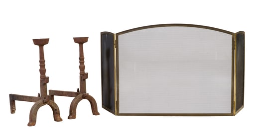 Three Piece Fireplace Set, 20th c., Andirons- H.- 19 in., W.- 9 in., D.- 18 in. (3 Pcs.)