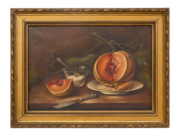 French/Continental School, "Still Life with Melon," early 20th c., H.- 15 in., W.- 21 1/4 in.,