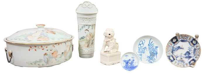 Group of Six Asian Porcelain Pieces, 19th/20th c., Tureen- H.- 6 1/2 in., Dia.- 10 1/2 in.; Smallest