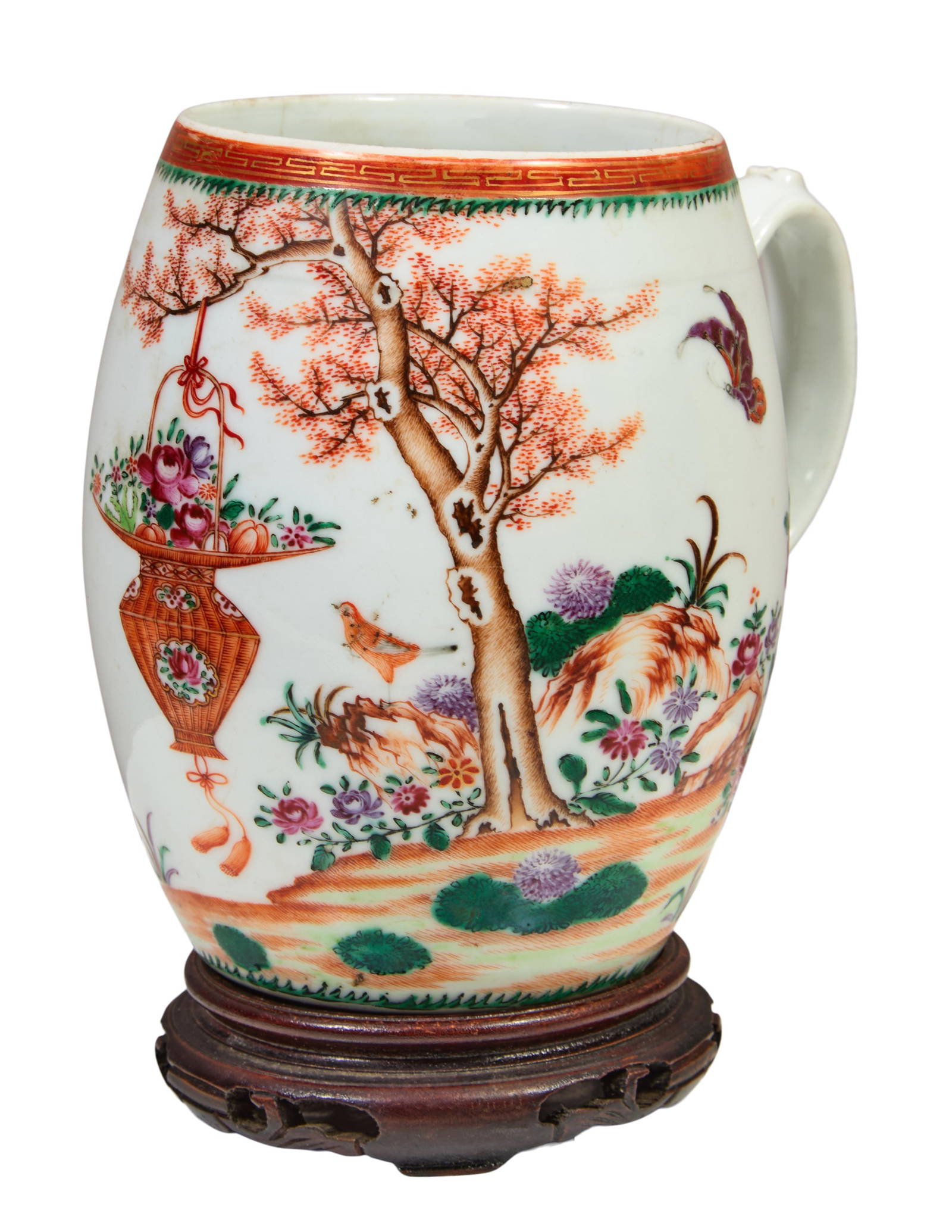 Chinese Export Famille Rose Porcelain Tankard, 18th c., Overall- H.- 7 in., W.- 7 in., D.- 5 in. (2
