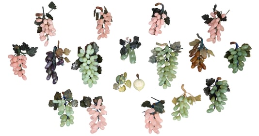 Group of Eighteen Loose Jade and Marble Fruit/Vegetable Clusters, early 20th c., Largest Grape