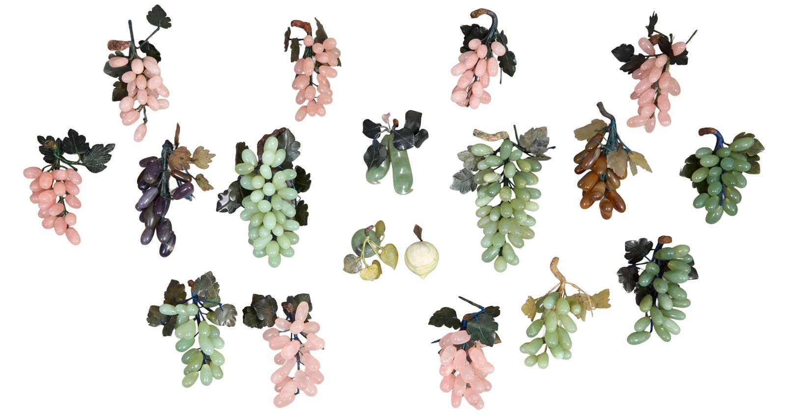 Group of Eighteen Loose Jade and Marble Fruit/Vegetable Clusters, early 20th c., Largest Grape: Group of Eighteen Loose Jade and Marble Fruit/Vegetable Clusters, early 20th c., the grapes consisting of seven pink examples, seven green examples, one purple example; a peach example; an apple examp