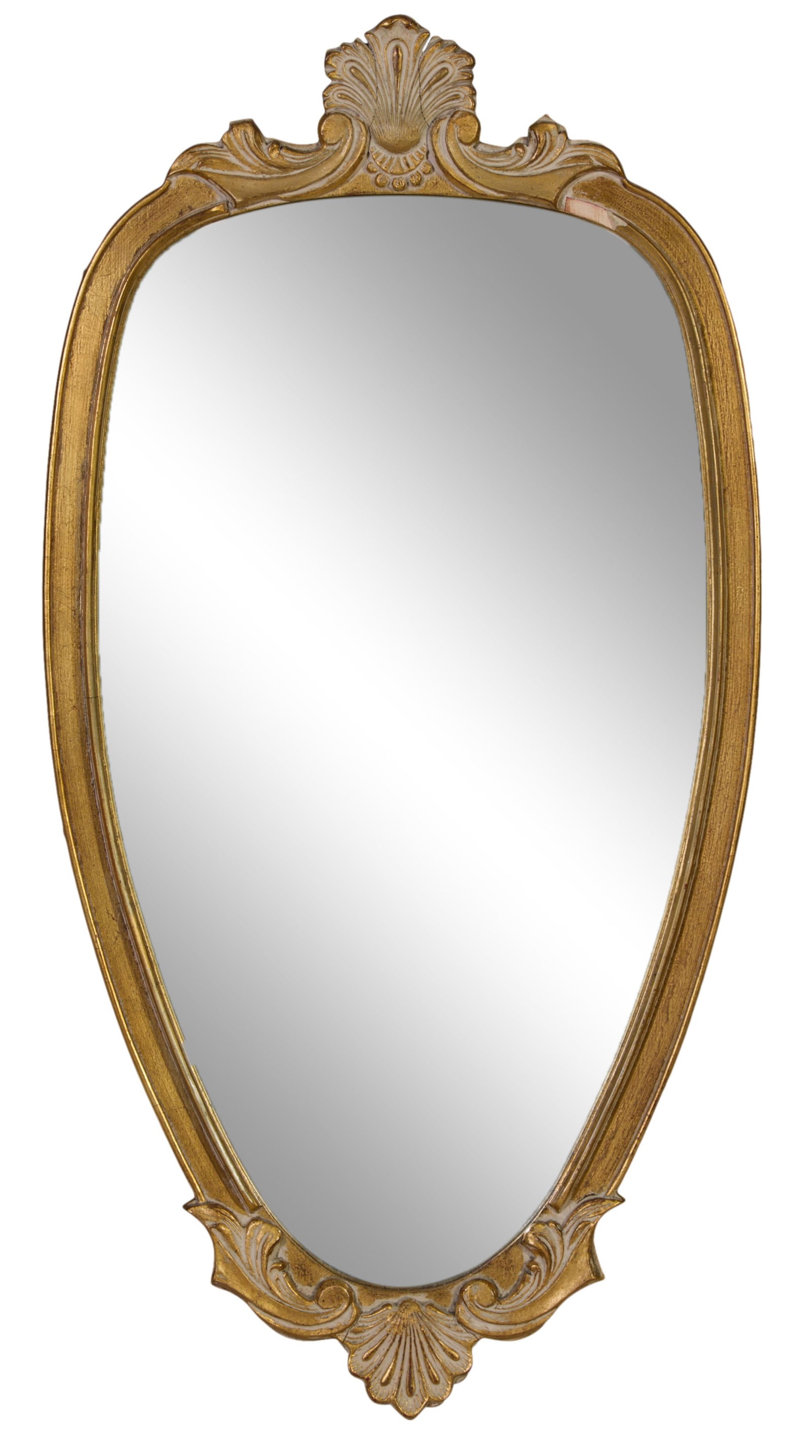 French Louis XV Style Gilt Mirror, 20th c., H.- 37 1/2 in., W.- 19 1/4 in., D.- 1 in.: French Louis XV Style Gilt Mirror, 20th c., the acanthus and scroll crest over oblong tapering mirror, acanthus anthemion pendant base, H.- 37 1/2 in., W.- 19 1/4 in., D.- 1 in.