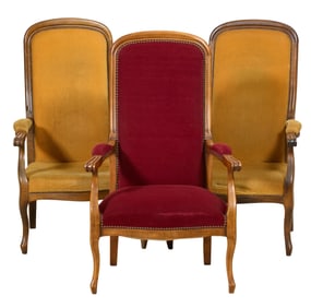 Three French Louis Philippe Cherry Fauteuils, mid 19th c., Red Chair- H.- 44 in., W.- 28 in., D.- 34