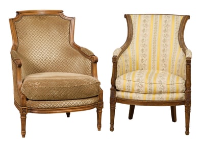 Two French Louis XVI Style Bergeres, 20th c., Larger- H.- 35 in., W.- 24 in., D.- 26 in. (2 Pcs.)