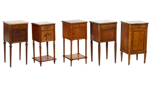 Five French Louis XVI Style Marble Top Inlaid Nightstands, early 20th c., Tallest- H.- 34 1/2 in.,