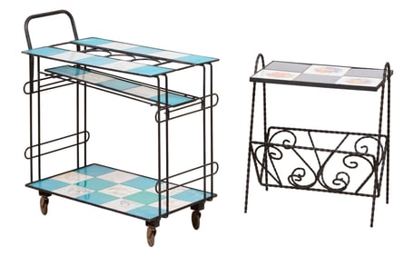 Two French Porcelain and Iron Stands, early 20th c., Larger- H.- 28 in., W.- 26 in., D.- 14 1/4 in.