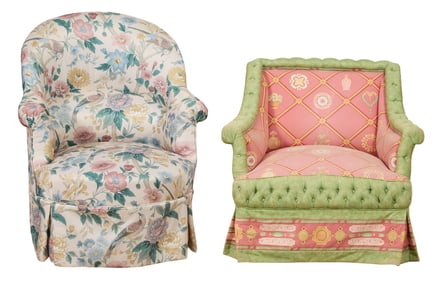 Two French Upholstered Bergers, 19th c., Larger- H.- 34 in., W.- 28 in., D.- 28 in. (2 Pcs.)