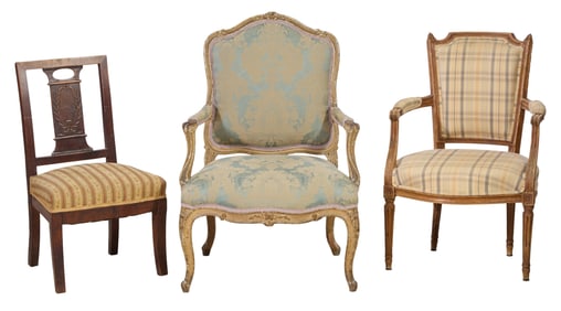 Group of Three Antique French Chairs, 19th c., Largest- H.- 38 in., W.- 26 in., D.- 26 in.;