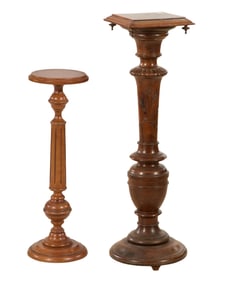 Two French Louis XVI Style Carved Walnut Pedestals, early 20th c., Taller- H.- 42 in., Dia.- 14 in.,