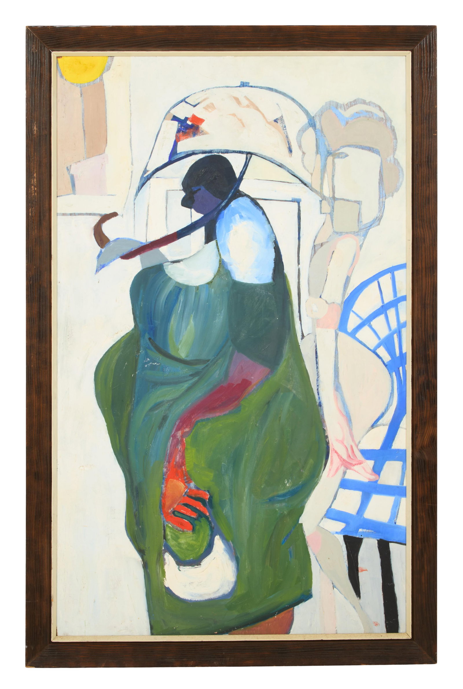 American School, (Mid-20th Century), "Woman with a Parasol," Sight- H.- 48 in., W.- 29 in., Framed-: † American School, (Mid-20th Century), "Woman with a Parasol," oil on masonite, unsigned, presented in a wood frame, Sight- H.- 48 in., W.- 29 in., Framed- H.- 52 3/4 in., W.- 34 1/4 in. Provenance: