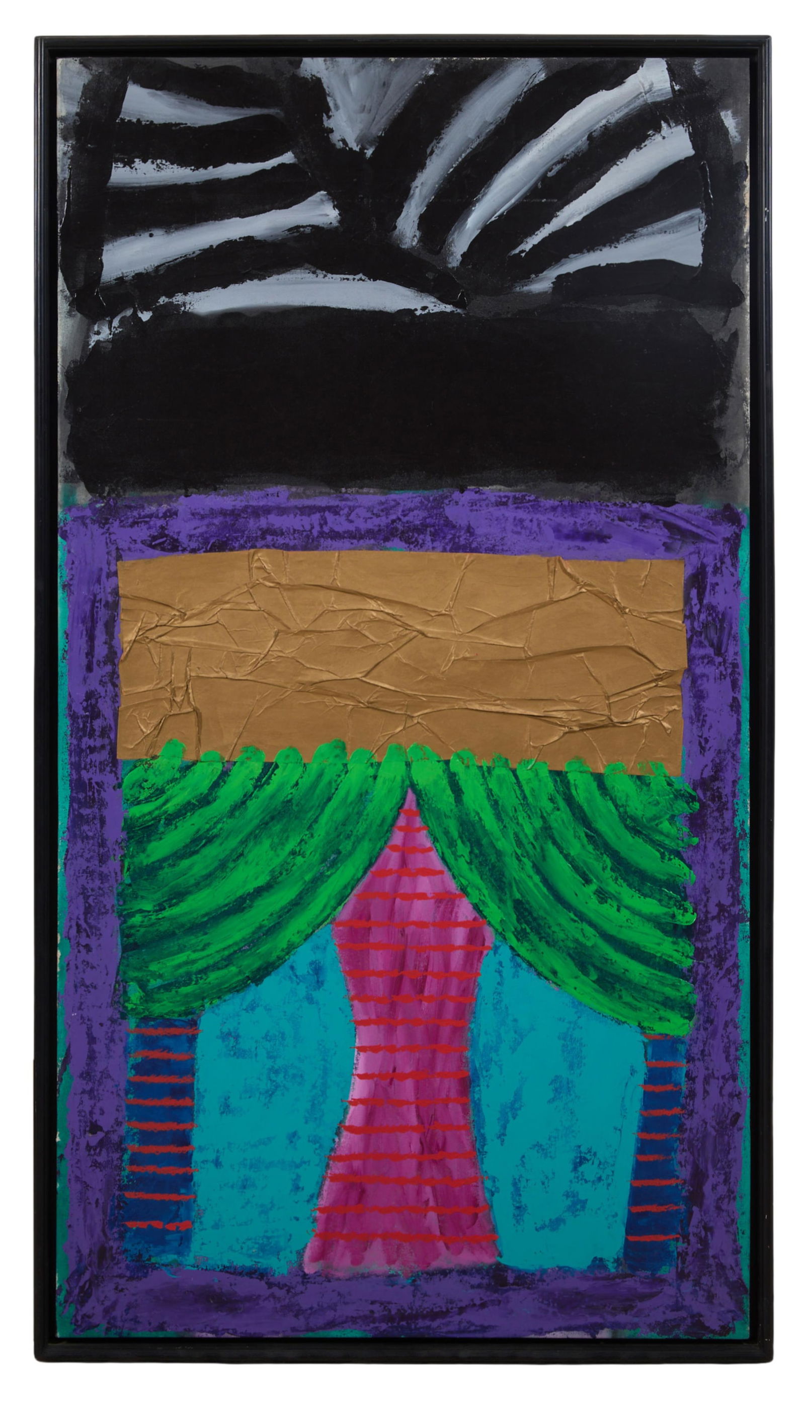 Alberto Montano (Mexican, b. 1953), "El Tesorito," 1987, Sight- H.- 65 1/2 in., W.- 35 1/4 in.,: Alberto Montano (Mexican, b. 1953), "El Tesorito," 1987, acrylic and collage on canvas, signed, titled and dated en verso, dedicated "Para Carolina con mucho carino," en verso, presented in an ebonize