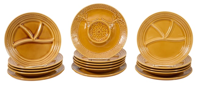 Sixteen French Provincial Yellow Ceramic Plates, late 19th c., Plates- Dia.- 9 in., Larger Dip