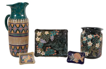 Five Pieces of Cathra Baker Pottery, Ewer- H.- 15 in., W.- 8 1/2 in., D.- 5 in. (5 Pcs.)