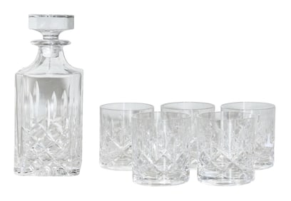 Six Piece Cartier Gilles Crystal Decanter Set, 20th c., Decanter- H.- 9 in., W.- 3 3/4 in., D.- 3