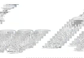 Six Piece Cartier Gilles Crystal Decanter Set, 20th c., Decanter- H.- 9 in., W.- 3 3/4 in., D.- 3: Six Piece Cartier Gilles Crystal Decanter Set, 20th c., consisting of a decanter and stopper and five rocks glasses, in the original fitted box, Decanter- H.- 9 in., W.- 3 3/4 in., D.- 3 3/4 in. Glass