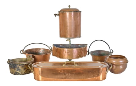 Group of Seven Pieces of Decorative Copper Kitchenware, early 20th c., Poaching Pan- H.- 4 1/2 in.,