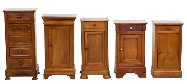 Five French Provincial Louis Philippe Nightstands, mid 19th c., Tallest- H.- 35 1/4 in., W.- 16 1/4
