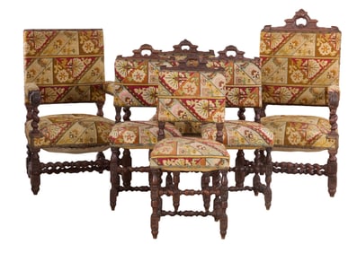 Six Piece French Louis XIII Style Walnut Seating Group, late 19th c., Largest- H.- 41 in., W.- 26