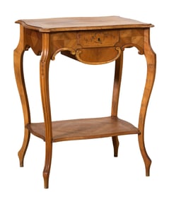 French Napoleon III Inlaid Work Table, late 19th c., H.- 28 in., W.- 22 in., D.- 16 1/2 in.