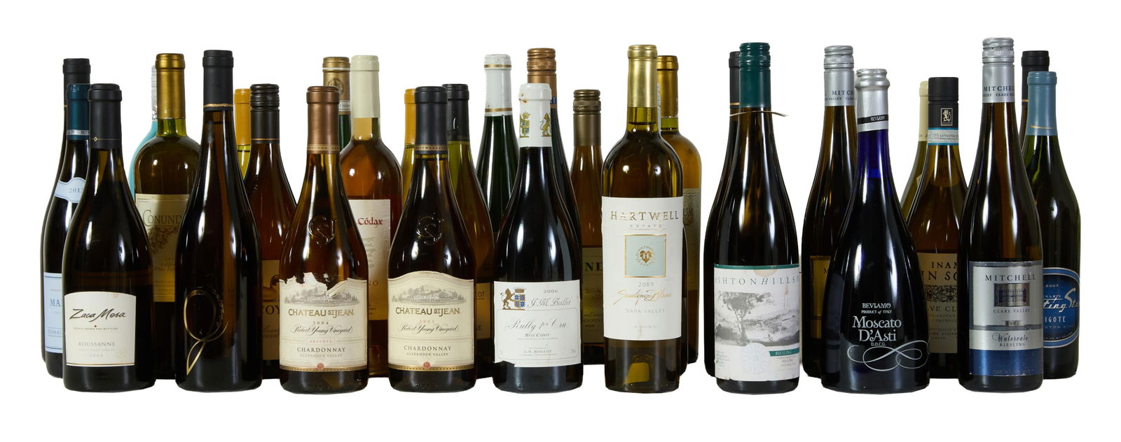 Thirty Two Bottles of White Wine, (32 Pcs.): Thirty Two Bottles of White Wine, various wineries, (32 Pcs.) Note: CCAG does not guarantee condition of contents or quality of storage. No returns will be accepted due to defective contents and purch