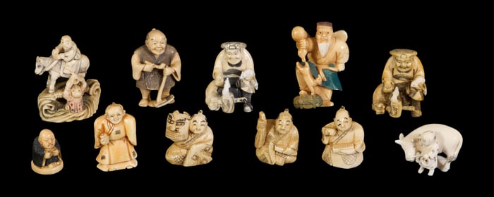 Group of Eleven Chinese Carved Bone Figures, 20th c., Smallest- H.- 1 in., W.- 10/16 in., D.- 3/4