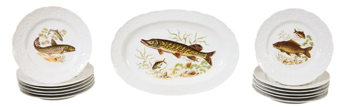 Thirteen Piece French Provincial Ceramic Fish Set, mid 20th c., Plates- H.- 1 in., Dia.- 9 3/4 in.