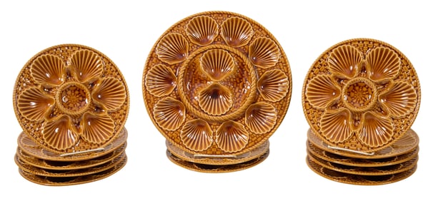 Thirteen French Oyster Dishes, 20th c., Platter- Dia.- 13 in., Plate- Dia.- 9 1/2 in.