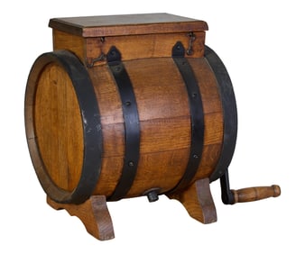Antique Oak Barrel Butter Churn, 19th c., H.- 15 in., W.- 18 in., D.- 12 in.