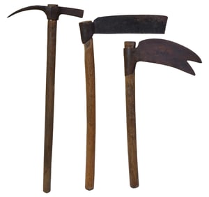 Three French Provincial Forged Iron Farm Tools, mid 19th c., Largest- H.- 28 in., W.- 13 1/2 in.,