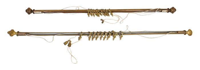 Two European Traverse Curtain Rods, 20th c., Longer- H.- 68 1/2 in., W.- 2 3/4 in., Dia.- 1 in.;