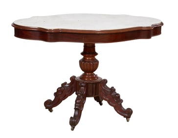 French Napoleon III Marble Top Walnut Center Table, late 19th c., H.- 29 in., W.- 45 in., D.- 27 1/2