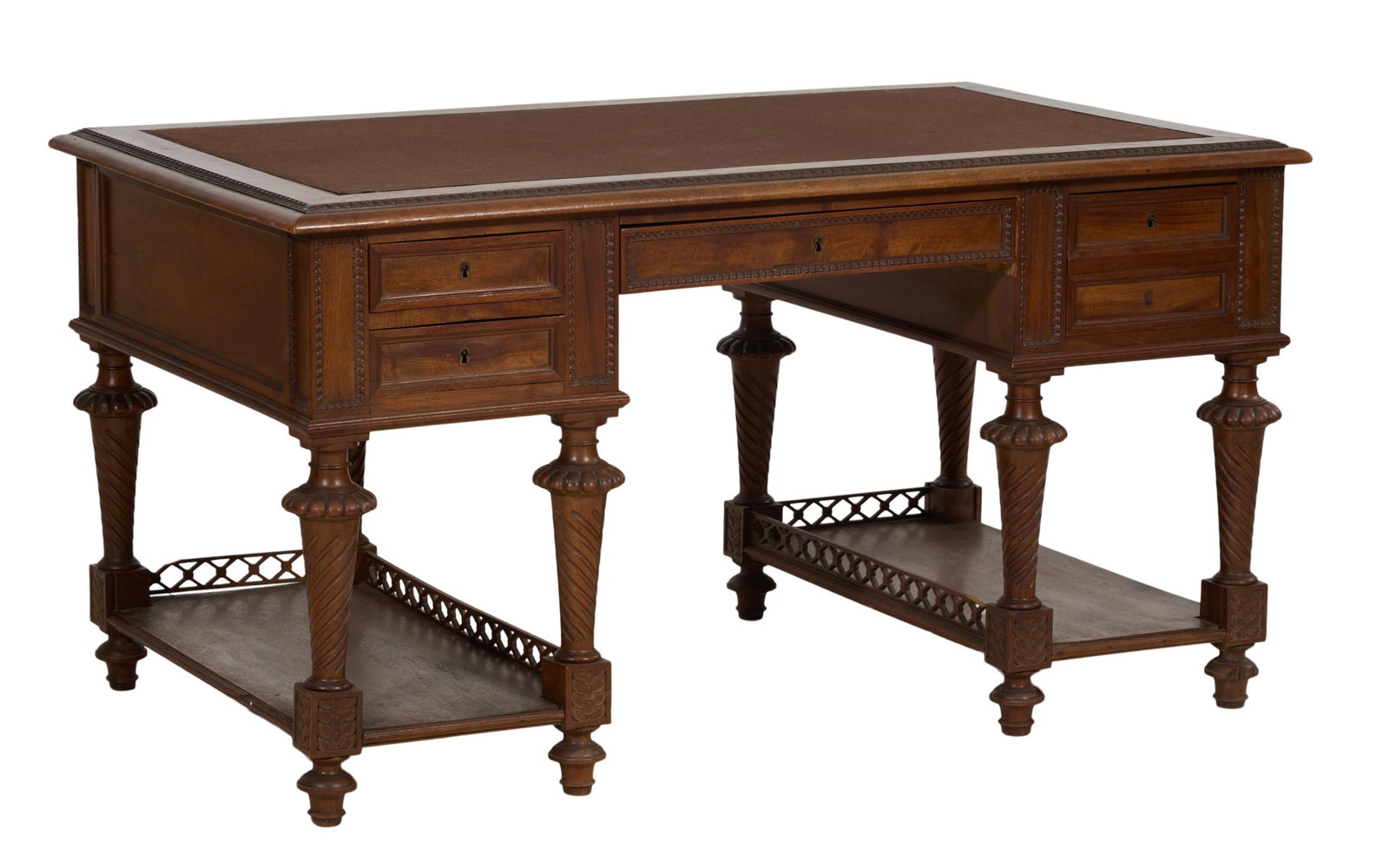 French Henri II Style Writing Plateau, late 19th c., H.- 29 1/2 in., W.- 55 1/2 in., D.- 33 1/2 in.: French Henri II Style Writing Plateau, late 19th c., inset leather top with stepped molded surround, central drawer flanked by two drawers each side, lobbed trumpet form twist legs into rosette blocks