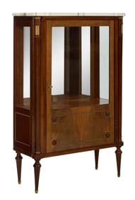 French Louis XVI Style Marble Top Walnut Vitrine, early 20th c., H.- 60 in., W.- 39 in., D.- 16 in.
