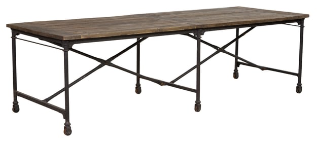 French Industrial Iron and Pine Factory Table, 20th c., H.- 30 1/2 in., W.- 106 in., D.- 39 1/2 in.