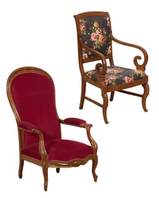 Two Antique French Upholstered Fauteuils, mid 19th c., Louis XV- H.- 41 in., W.- 25 in., D.- 20 in.