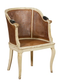 French Provincial Louis XVI Style Creme Peinte Caned Bergere, 19th c., H.- 34 1/2 in., W.- 21 1/2