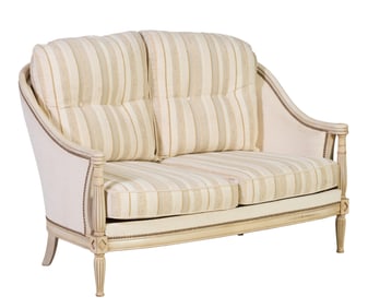 French Louis XVI Inspired Creme Peinte Canape Sofa, 20th c., H.- 33 1/4 in., W.- 50 1/2 in., D.- 34