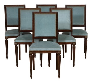 Set of Six French Louis XVI Style Dining Chairs, 20th c., Each- H.- 36 in., W.- 17 3/4 in., D.- 17