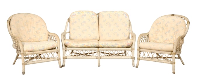 Three Piece Polychromed Ratan Seating Group, 20th c., Sette- H.- 35 1/2 in., W. 51 in., D.- 31 in.;