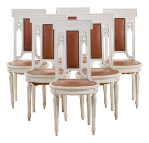 Six French Louis XVI Inspired Creme Peinte Dining Chairs, 20th c., Each- H.- 38 in., W.- 17 1/4