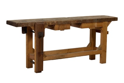 French Provincial Work Bench, 20th c., H.- 33 1/2 in., W.- 79 1/2 in., D.- 16 1/2 in.