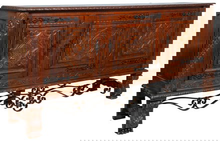French Renaissance Style Carved Oak Dining Room Sideboard, 19th c., H.- 46 in., W.- 96 in., D.- 21