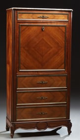 French Carved Mahogany Marble Top Secretary Abattant, early 20th c., H.- 64 1/2 in., W.- 32 in., D.-