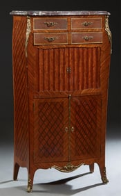 French Belle Epoque Louis XV Style Ormolu Mounted Parquetry Inlaid Rosewood Marble Top Bombe