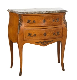 French Transitional Louis XV/XVI Style Marble Top Ormolu Mounted Parquetry Marquetry Bombe Commode,