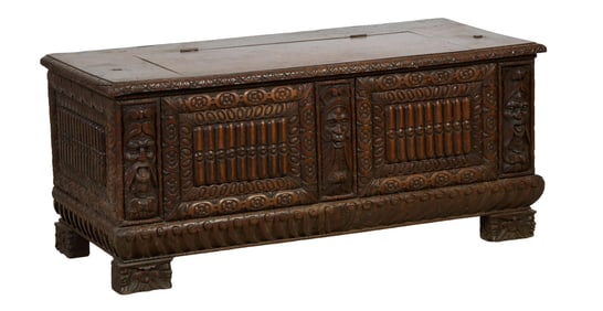 French Renaissance Carved Walnut Coffer, mid 19th c., H.- 22 in., W.- 50 1/2 in., D.- 22 1/4 in.