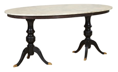 French Louis XVI Style Marble Top Ebonized Dining Table, 20th c., H.- 31 in., W.- 67 5/8 in., D.- 39