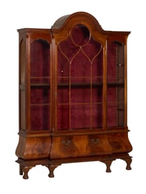Dutch Style Walnut Bombe Curio Cabinet, early 20th c., H.- 87 in., W.- 63 in., D.- 14 in.